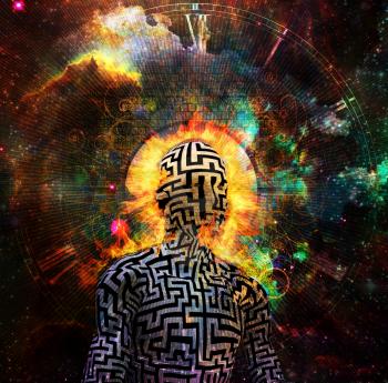Man with maze pattern and burning halo meditates in vivid space. 3D rendering.