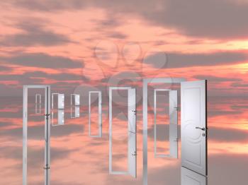 Surreal landscape with many open doors. Choose your path. 3D rendering