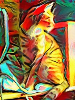 Abstract colorful kitten painting. Modern art. 3D rendering