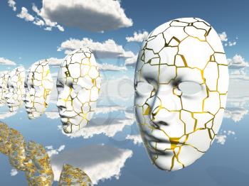 Disembodied faces or masks hover in surreal scene. 3D rendering.