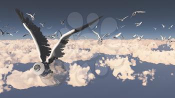 Winged ideas fly in the sky. 3d rendering.
