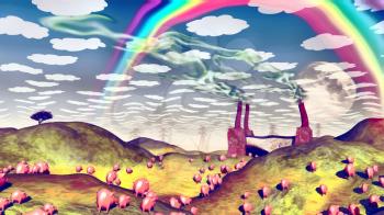Surreal painting. Pigs in the field. Factory at the horizon. Rainbow in the sky. 3D rendering