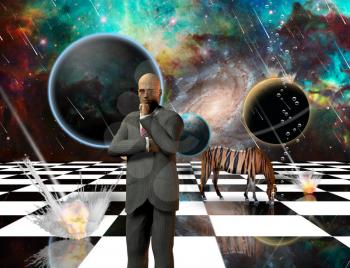 Surrealism. Planetary Armageddon. Massive meteorite - asteroid shower destroy planets. Striped horse and thinking businessman on chessboard. 3D rendering