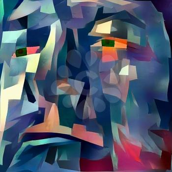 Abstract painting. Man face in blue colors. 3D rendering