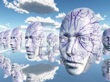 Diembodied faces or masks hover in surreal scene. 3D rendering