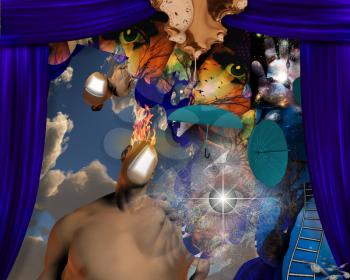 Surreal figure with burning mind and other symbolic elements. 3D rendering