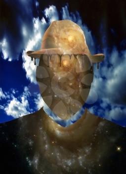 Faceless man in cosmic suit and bowler hat. 3D rendering