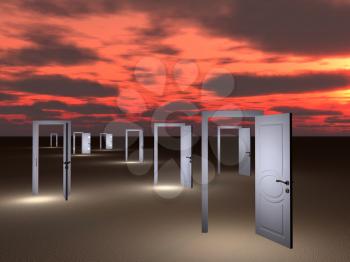 Multiple open doors buried in surreal landscape. Possibilities. 3D rendering