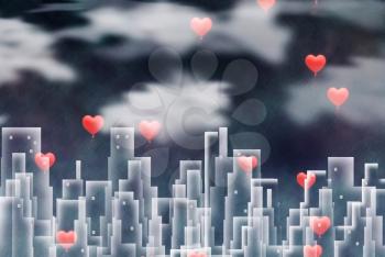City landscape and heart-shaped balloons flying above. Urban love. 3D rendering