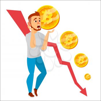 Bitcoin Crash Graph Vector. Bitcoin Price Drops. Crypto Currency Market Concept. Surprised Investor Or Businessman. Annoyance, Panic. Isolated Flat Cartoon Illustration
