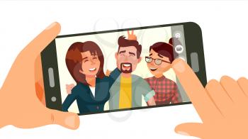 Taking Photo On Smartphone Vector. Smiling People. Modern Friends Taking Horizontal Selfie. Hand Holding Smartphone. Camera Viewfinder. Friendship Concept. Isolated Flat Cartoon Illustration