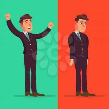 Happy And Unhappy Businessman Vector. Good And Bad. Right And Wrong. Like And Dislike. Isolated Cartoon Character Illustration