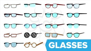 Glasses Set Vector. Modern Glasses Icon. Different Eyewear Types. Eyeglasses With Frame. Blue Lense. Cartoon Isolated Illustration