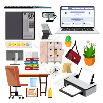 Office Equipment Set Vector. Keyboard, Electronics Digital Items. Icons. Business Work Flow. Paper And Desktop Objects. Technology. Isolated Flat Illustration