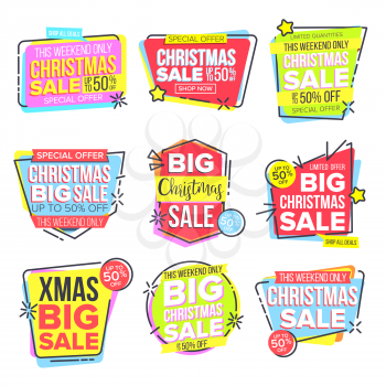 Christmas Big Sale Sticker Set Vector. Template For Advertising. Discount Tag, Special Offer Banner. Up To 50 Percent Off Badges. Promo Icon. Buy Label. Illustration