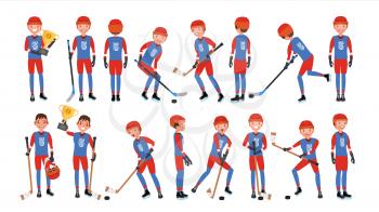 Classic Ice Hockey Player Vector. Set. Competition Game Concept. Isolated On White Cartoon Character Illustration