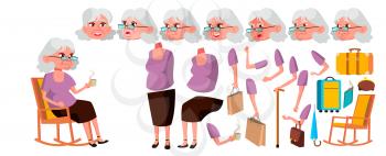 Old Woman Vector. Senior Person Portrait. Elderly People. Aged. Animation Creation Set. Face Emotions, Gestures. Positive Pensioner. Advertising Design. Animated Cartoon Illustration