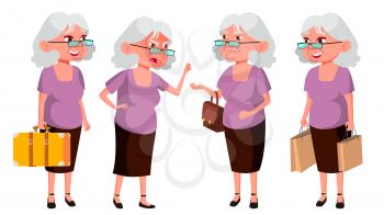 Old Woman Poses Set Vector. Elderly People. Senior Person. Aged. Friendly Grandparent. Web, Poster, Booklet Design. Isolated Cartoon Illustration