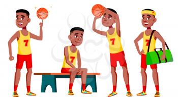 Teen Boy Poses Set Vector. Black. Afro American. Cute, Comic. Joy. For Postcard, Announcement, Cover Design Isolated Cartoon Illustration