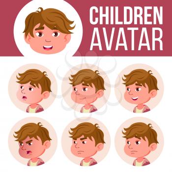 Boy Avatar Set Kid Vector. Kindergarten. Face Emotions. Cartoon, Comic, Flat. Little Cute Comic Postcard Announcement Cartoon Illustration