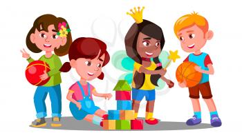 Group Of Children Playing With Colorful Toys On The Floor Vector. Illustration
