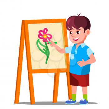 Little Boy Draws On Paper Vector. Isolated Illustration
