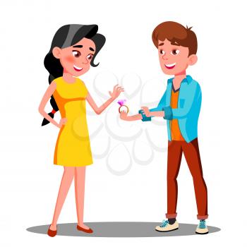 Young Man Gives An Engagement Ring To Happy Girl Vector. Illustration