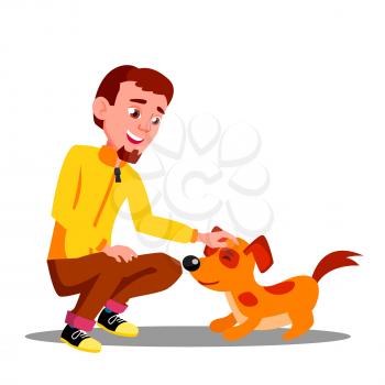 Teen Guy Volunteer Feeding Dog In Shelter Vector. Illustration