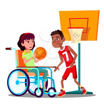 Happy Disabled Girl On Wheelchair Playing Basketball With Friend Vector. Illustration