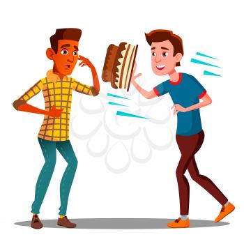 Young Guy Throwing A Cake In The Face Of A Friend For Joke Vector. Illustration