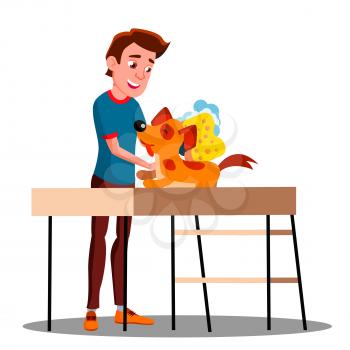 Teen Guy Washes The Dog Vector. Illustration
