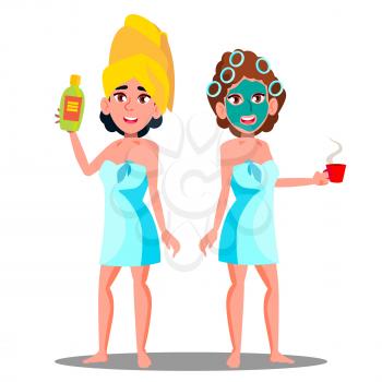 Teen Girl With Cosmetic Mask On Face And Spa Cream Tube In Hand Vector. Illustration