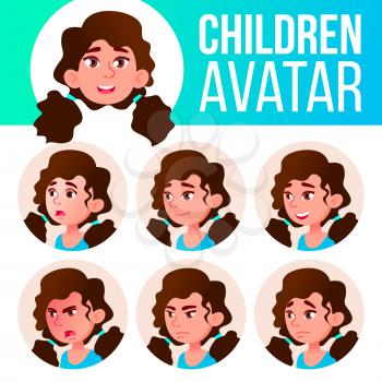 Girl Avatar Set Kid Vector. Primary School. Face Emotions. Facial, People. Cheer, Pretty. Card Advert Head Illustration