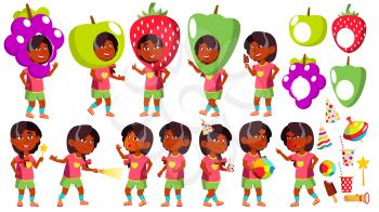 Girl Kindergarten Kid Poses Set Vector. Indian, Hindu. Asian. Party Costume Carnival. Baby Expression. Preschooler. For Card, Advertisement, Greeting Design Isolated Illustration