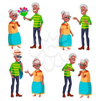 Elderly Couple Set Vector. Grandfather And Grandmother. Social Concept. Senior Couple. Black, Afro American. Situations. Old Senior People. Isolated Flat Cartoon Illustration