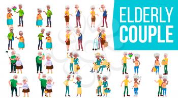 Elderly Couple Set Vector. Grandpa With Grandmother. Lifestyle. Elderly Family. Grey-haired Characters. Social Concept. Senior. Couple Of Elderly People. Afro American, European. Isolated Cartoon Illustration