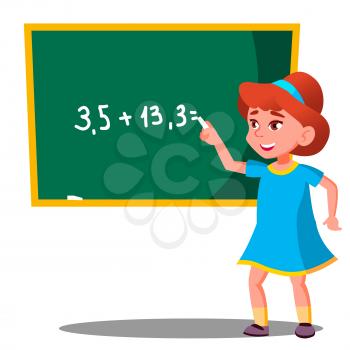 Schoolgirl Solves A Mathematical Problem At The Blackboard Vector. Illustration