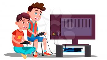 Two Children Boy Play A Video Game Vector. Illustration