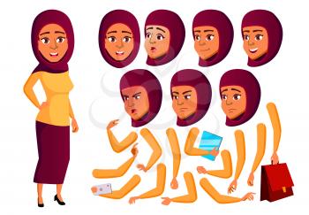 Teen Girl Vector. Teenager. Arab, Muslim. Funny, Friendship. Face Emotions, Various Gestures. Animation Creation Set Isolated Flat Cartoon Illustration