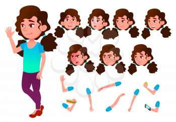 Girl, Child, Kid, Teen Vector. Schoolchild. Lecture. Face Emotions, Various Gestures Animation Creation Set Isolated Flat Illustration