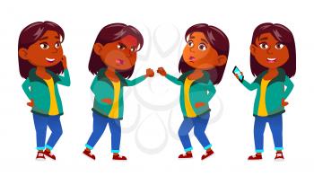 Girl Kid Poses Set Vector. Indian, Hindu. Asian. School Child. Education. Young, Cute, Comic For Presentation Print Invitation Design Isolated Illustration