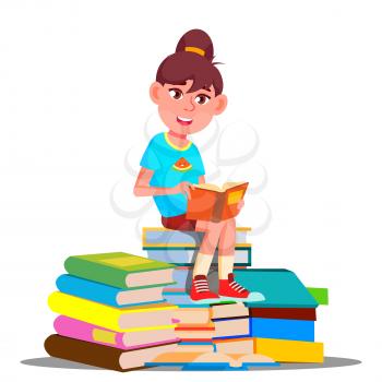Little Girl Sitting On Top Of A Pile Of Books Vector. Illustration