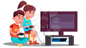 Boy And Girl Playing Video Games Together Vector. Illustration