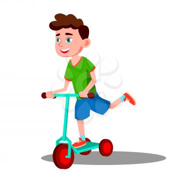 Active Little Boy Is Riding A Scooter Vector. Illustration