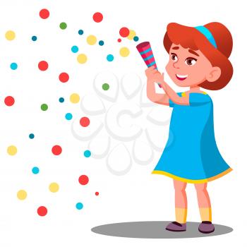 Girl Child Throw Colored Confetti At The Carnival Party Vector. Illustration