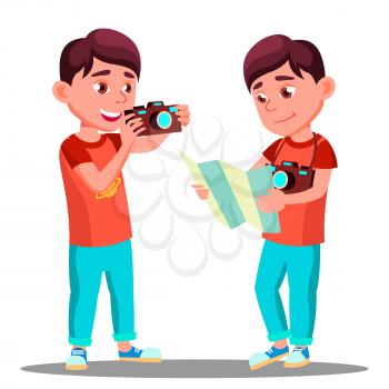 Cute Little Boy Take A Photo With Camera In His Hands Vector. Illustration