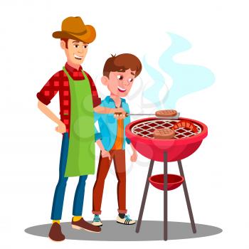 Father And Son Cooking Barbecue On The Grill Together Vector. Illustration