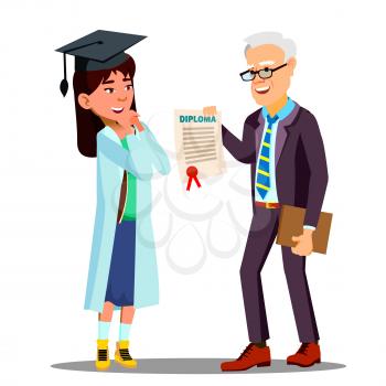 Asian Young Girl Student Receiving A Diploma Vector. Isolated Illustration
