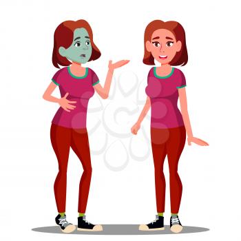 Sick Teen Girl With Green Face, Before And After Vector. Isolated Illustration