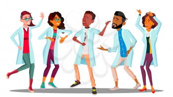 Celebrating Doctor s Day, Dancing Group Of Happy Doctors Vector. Isolated Illustration